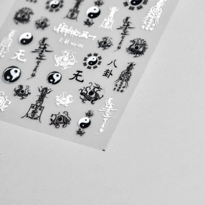 Macro detail of Taoist Tai Chi and Dragon nail art stickers in black and silver finish