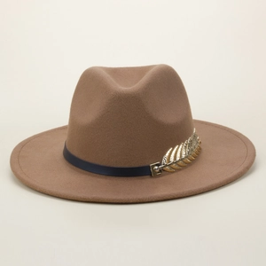 Classic brown wool felt fedora hat with black belt and golden leaf metal decoration