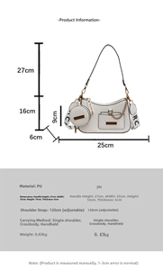 Detailed size chart showing dimensions and PU material for the stylish white handbag