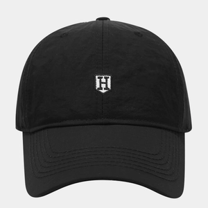 Men's black quick-dry baseball cap with white H shield embroidery and curved brim style