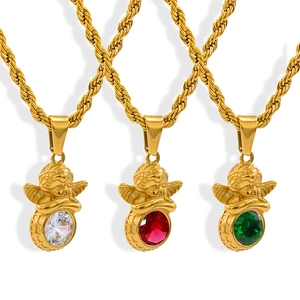 Gold angel pendant necklace with twisted rope chain and colorful zircon birthstones