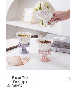 Detail of pearl glaze ceramic dessert cups with bow knot base and wavy rim design