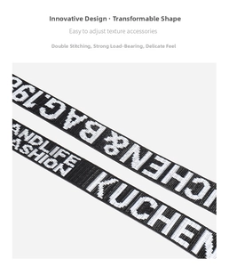 Detail of crossbody bag strap featuring white lettering and reinforced double stitching
