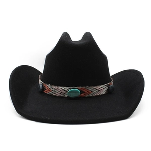 Western Cowboy Hat Woolen Felt Ethnic Woven Band Turquoise Beaded Decor Retro Wide Brim Adjustable Jazz Fedora