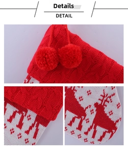 Macro detail of red and white cable knit Christmas stocking with festive reindeer patterns