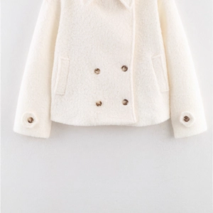 White double-breasted boucle wool jacket for women with stylish decorative cuff buttons