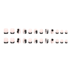 French press-on nails with camellia 3D accents and sparkling glitter in black and pink