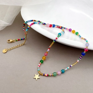 Bohemian star pendant necklace with colorful natural stone beads and gold titanium steel