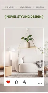 Bohemian hand-woven cotton rope wooden shelf hanging on a minimalist white wall