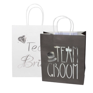 European wedding gift bags featuring Team Bride and Team Groom elegant silver foil prints