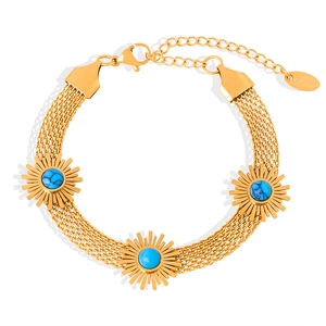 Bohemian gold stainless steel braided bracelet with turquoise floral charms on white background
