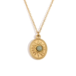 18K gold plated stainless steel sunburst oval necklace with light green gemstone pendant