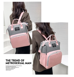 Pink and grey contrast Oxford fabric diaper bag with large opening and dual top handles