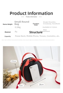 Litchi pattern PU leather round crossbody bag shown next to a smartphone for size reference