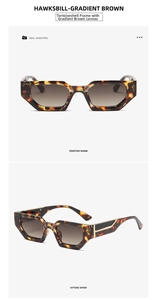 Detail view of retro square tortoise shell sunglasses with brown gradient lenses