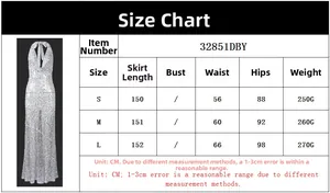 Guide des tailles pour robe à paillettes dos nu avec mesures de longueur et de taille
