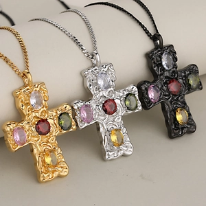 Stainless steel cross necklaces in gold, silver, and black with colorful zircon stones