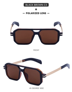 Front and side view of square polarized sunglasses with C3 black brown frame