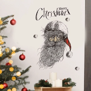 Christmas Wall Stickers Santa Claus Portrait Merry Christmas Lettering Removable PVC Self Adhesive Vintage Sketch Style