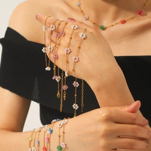 Stainless Steel Flower Bracelet And Necklace Crystal Beaded Artificial Pearl Jewelry Summer Holiday INS Style For Women