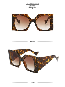 Front- und Seitenansicht der quadratischen Leopard-Sonnenbrille mit braunem Verlauf