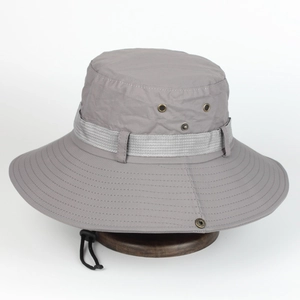 Waterproof grey outdoor sun hat with wide brim, air vents and adjustable chin strap