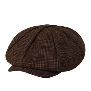 Classic dark brown plaid newsboy cap with octagonal panels and a button top