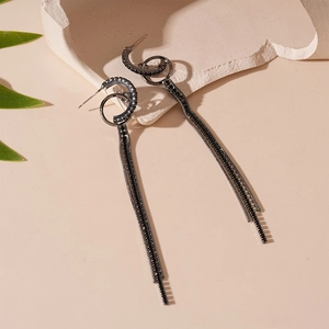 Geometric Long Tassel Dangle Earrings With Silver Earring Post Copper Black Rhinestone Gothic Punk Minimalist Jewelry