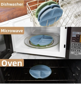 Silicone baby plate shown safe for use in dishwasher, microwave, and oven scenarios