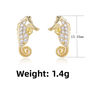 Detailed macro view of S925 silver seahorse earrings with zircon pavé, size 13.45mm