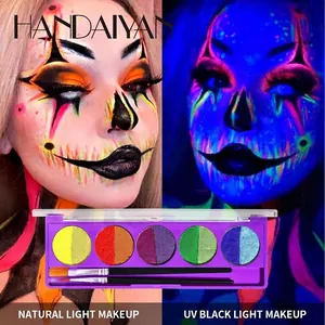 Five-color UV reactive water-based face paint palette with brushes for festival makeup