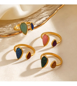Detail view of water-drop adjustable rings in gold finish with glitter and solid resin