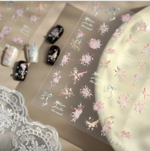 Detailed laser holographic nail stickers featuring pink butterflies and floral motifs M-941