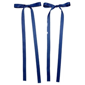Set of two navy blue ballet style ribbon bow hair clips with long streamers on white background