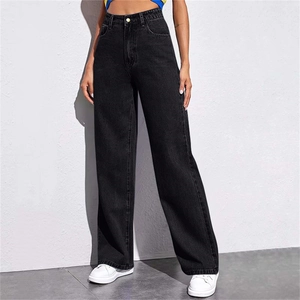 Full-body shot of high-waist wide-leg black denim jeans showing perfect drape and fit