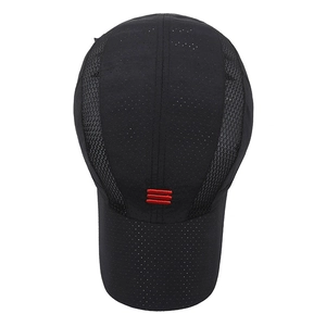 Top view of black quick-dry breathable baseball cap with red embroidered stripes