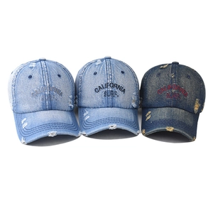 Distressed washed denim baseball caps with California Surf embroidery in three blue shades