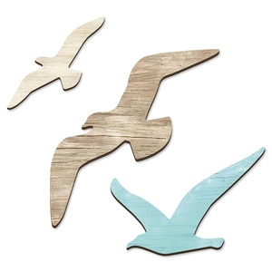 Set di 3 gabbiani decorativi in legno con diverse venature del legno e toni di blu