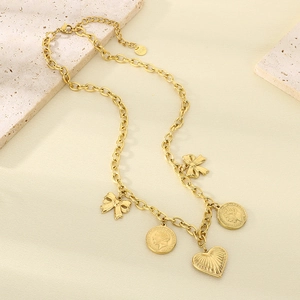 Retro golden stainless steel layered necklace with heart, bow, and portrait coin charms