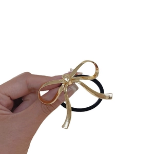 Minimalist golden metal bow hair tie with black high-elastic rope for women's hairstyle