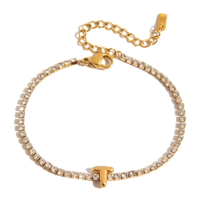 Detailed view of an 18K gold-plated letter T pendant bracelet with sparkling zircon stones