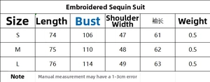 Detailed size chart for the sequin blazer set with specific measurements for S, M, and L