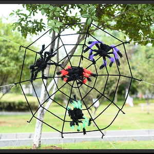 Outdoor Halloween set with large black spider web and three colorful plush spiders
