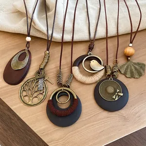 Vintage Ethnic Long Pendant Necklace Wood Alloy Tree Of Life Ginkgo Leaf Sweater Chain Adjustable Wax Cord For Women
