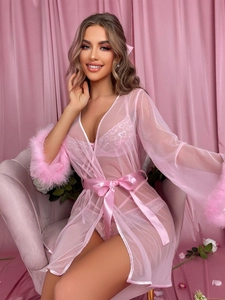 Three-piece pink loungewear set with sheer lace bra and feather-trimmed robe