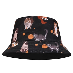 Reversible black bucket hat with cartoon cat print for sun protection and outdoor use