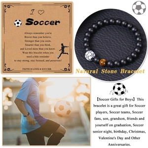 Soccer charm bracelet with natural 8mm matte beads and tiger eye stone detail