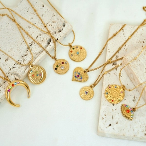 Bohemian gold stainless steel necklaces with colorful crystals and celestial pendants
