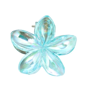 Iridescent blue frangipani flower hair claw clip with holographic resin finish