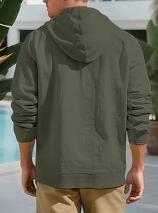 Detail view of men's olive green cotton linen hoodie jacket from a back perspective